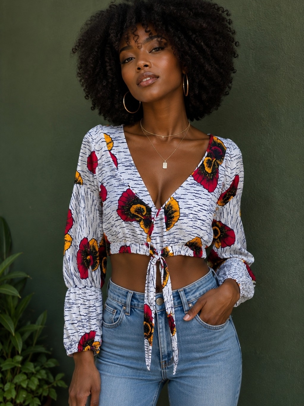 Ankara Print Top Tie-Front Floral Red & Yellow Blooms